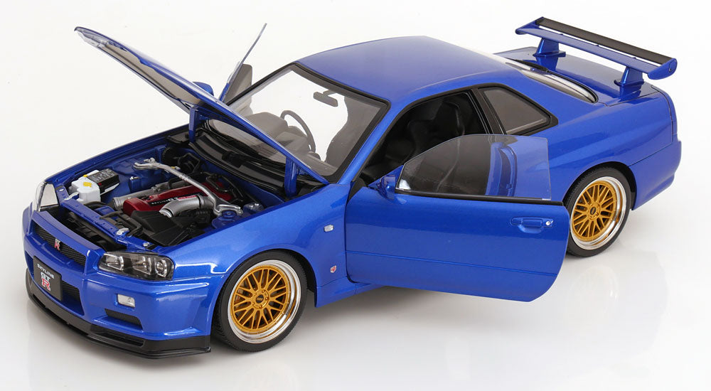KK Scale 2001 Nissan Skyline GT-R R34 V-Spec II w/ Gold BBS Bayside Blue 1:12