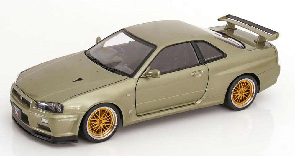 STM Diecast KK Scale 2001 Nissan Skyline GT-R R34 V-Spec II w/ Gold BBS Jade Green Metallic 1:12