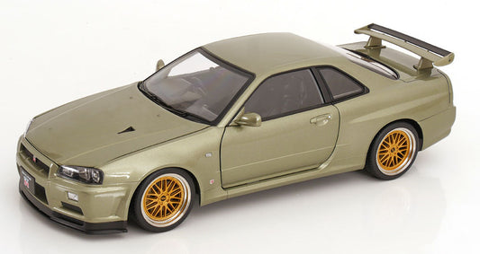 STM Diecast KK Scale 2001 Nissan Skyline GT-R R34 V-Spec II w/ Gold BBS Jade Green Metallic 1:12