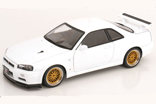 STM Diecast KK Scale 2001 Nissan Skyline GT-R R34 V-Spec II w/ Gold BBS White 1:12