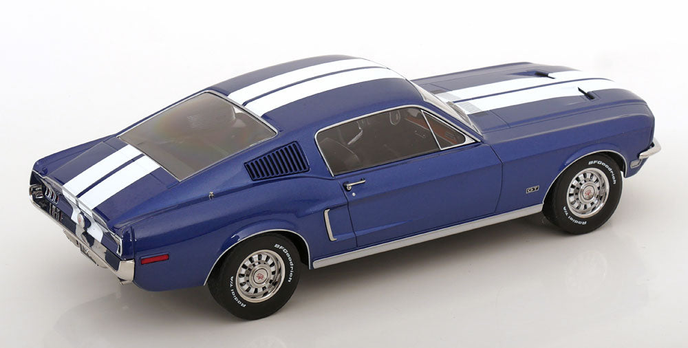 STM Diecast KK Scale 1968 Ford Mustang GT Fastback Blue w/ White Stripes 1:18 - View 2