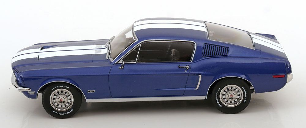 STM Diecast KK Scale 1968 Ford Mustang GT Fastback Blue w/ White Stripes 1:18 - View 3