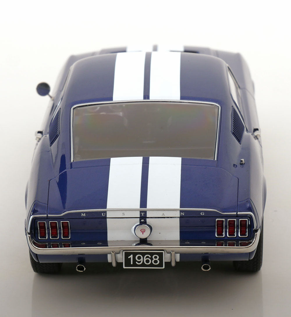 STM Diecast KK Scale 1968 Ford Mustang GT Fastback Blue w/ White Stripes 1:18 - View 5
