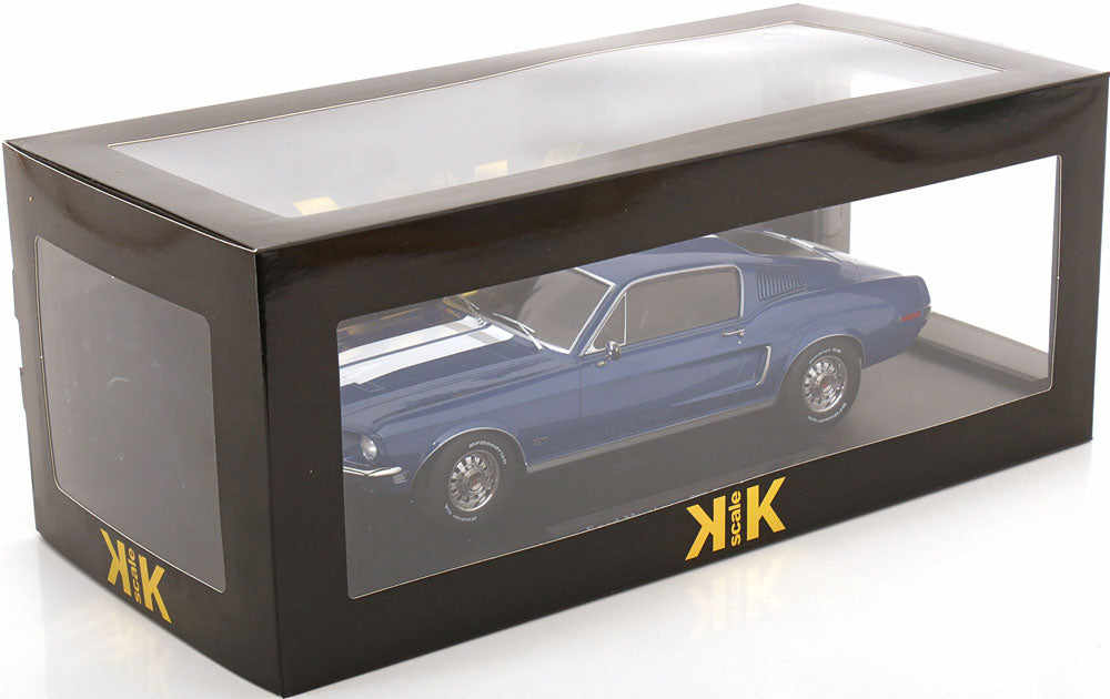 STM Diecast KK Scale 1968 Ford Mustang GT Fastback Blue w/ White Stripes 1:18 - View 6