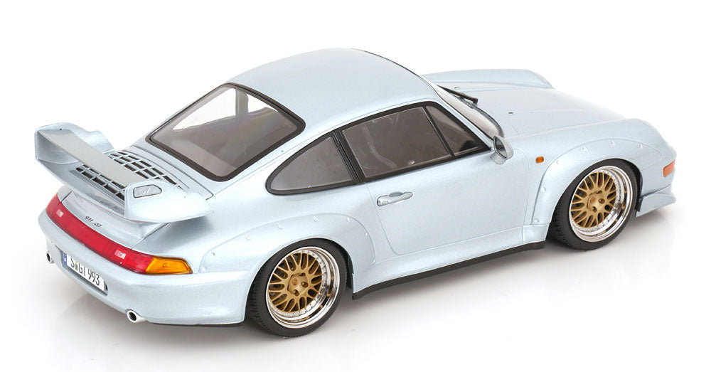 KK Scale 1996 Porsche 911 993 GT2 w/ Gold BBS Wheels Silver 1:18