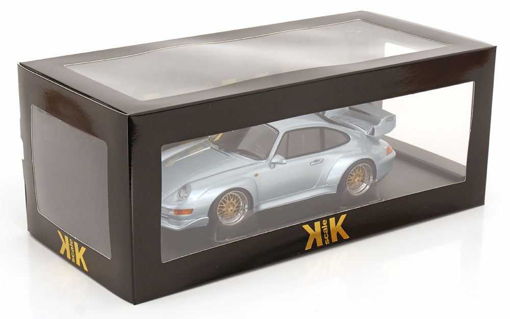 KK Scale 1996 Porsche 911 993 GT2 w/ Gold BBS Wheels Silver 1:18