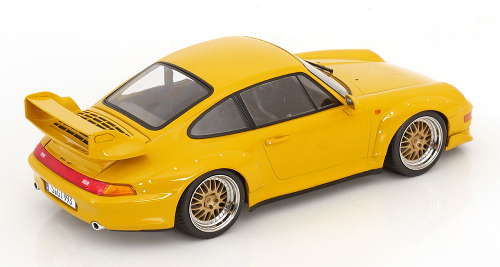KK Scale 1996 Porsche 911 993 GT2 w/ Gold BBS Wheels Yellow 1:18