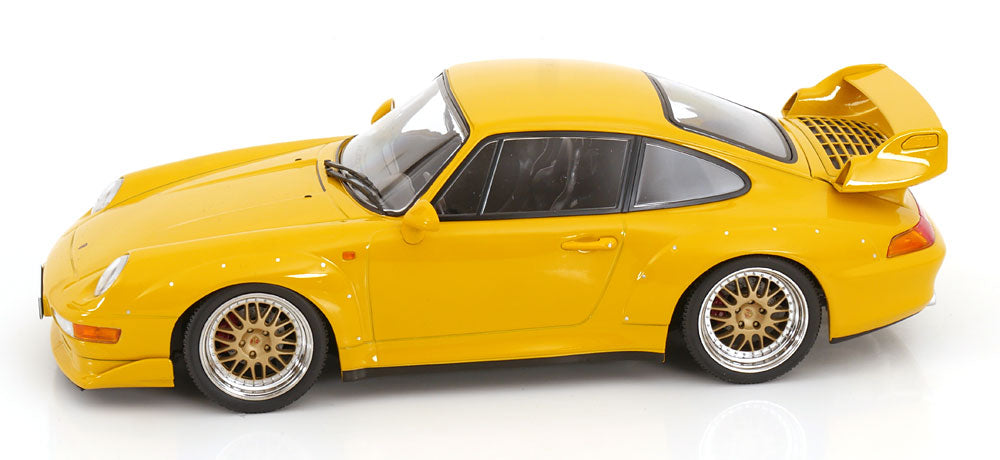 KK Scale 1996 Porsche 911 993 GT2 w/ Gold BBS Wheels Yellow 1:18