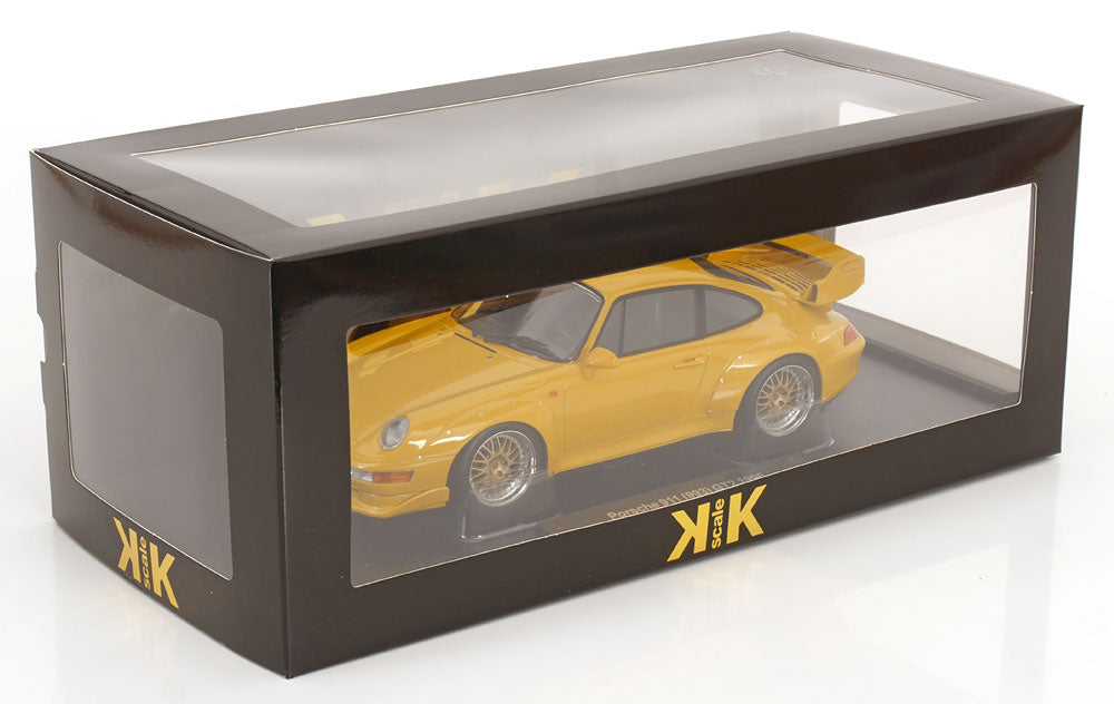 KK Scale 1996 Porsche 911 993 GT2 w/ Gold BBS Wheels Yellow 1:18