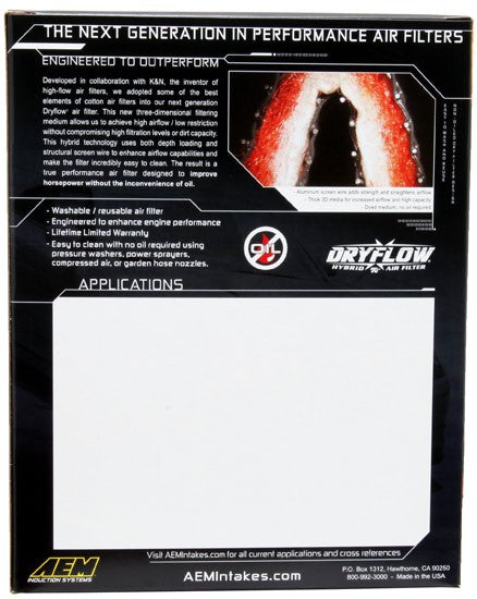 AEM Induction AEM 07 Hyundai Elantra 2.0L L4 8in O/S L x 7.5in O/S W x 2.5in H DryFlow Air Filter 28-20380