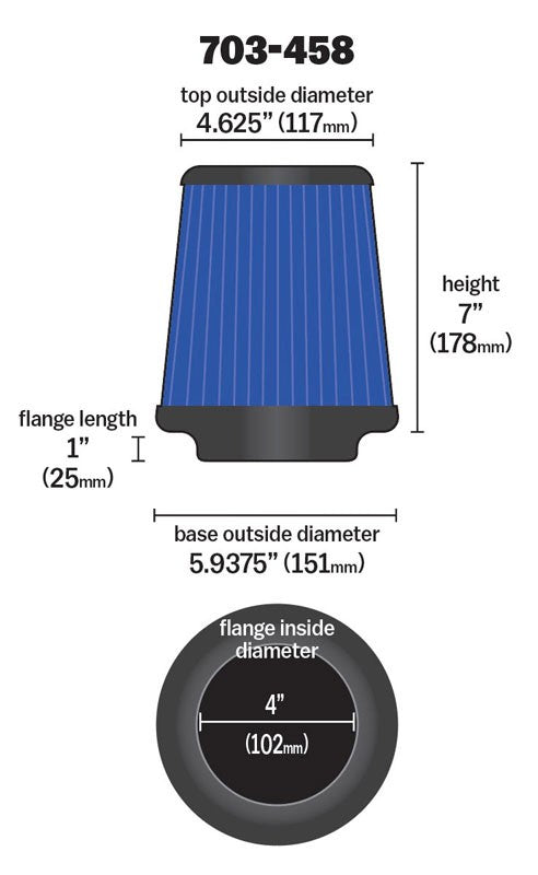 Airaid Universal Air Filter - Cone 4 x 7 x 4 5/8 x 7 w/ Short Flange - Blue SynthaMax 703-458