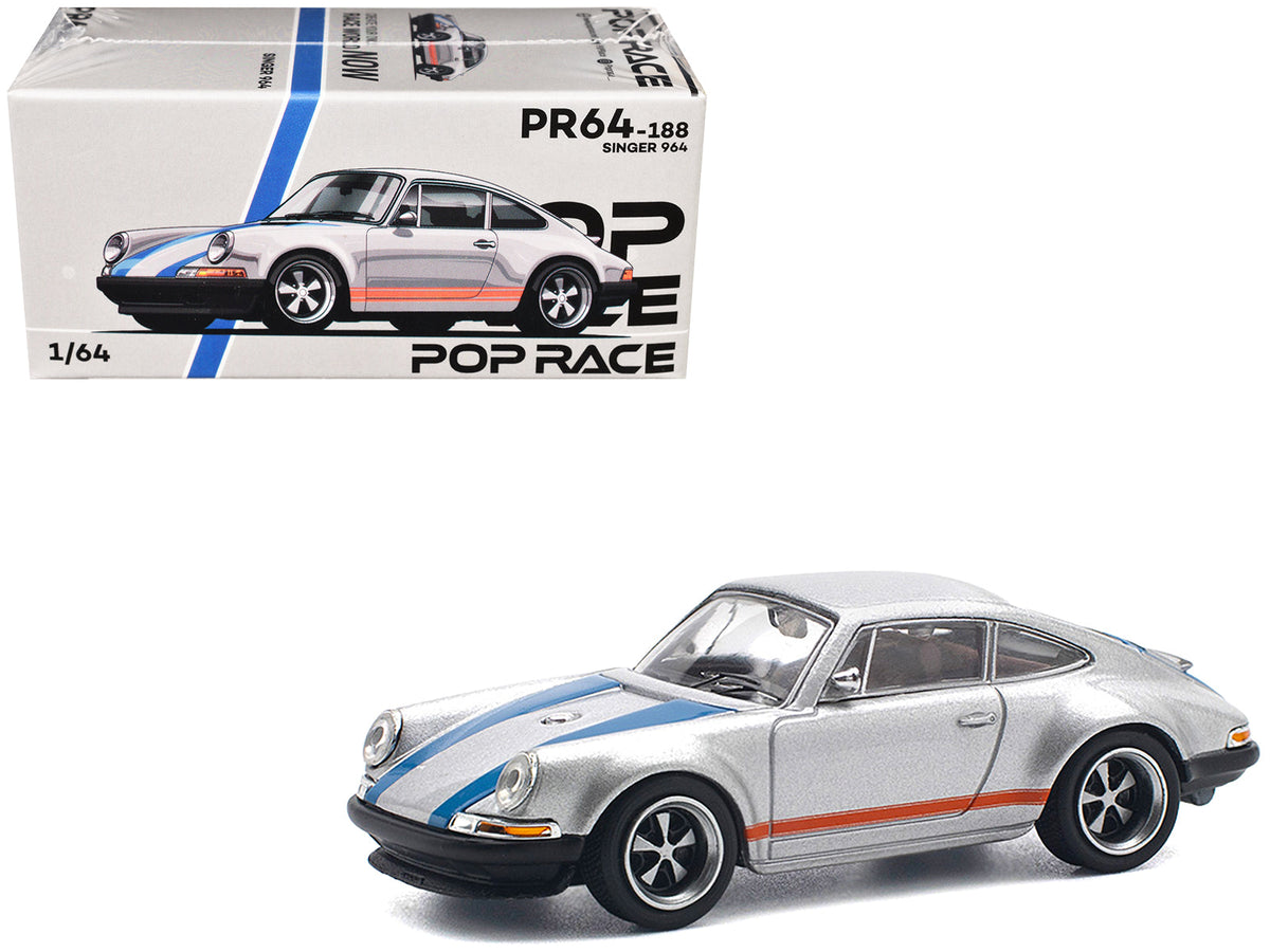 Rapid Vehicles Singer 964 Silver Metallic with Blue and Red Stripes 1/64 Diecast Model Car by Pop...