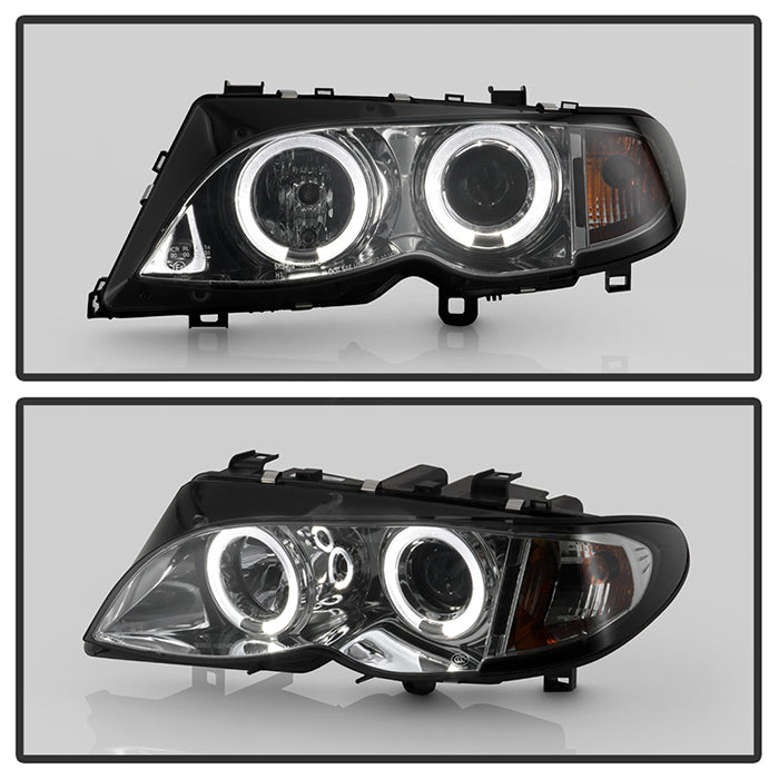 FR SPORT Spyder BMW E46 3-Series 02-05 4DR Projector Headlights 1PC LED Halo Smke...