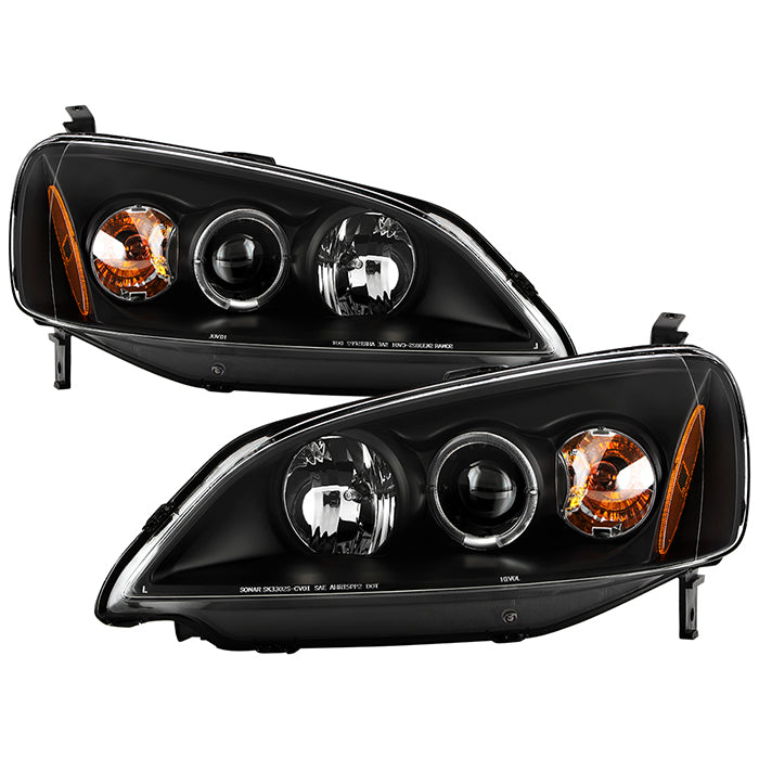 FR SPORT Spyder Honda Civic 01-03 2/4DR Projector Headlights - LED Halo Amber Reflector Blk...