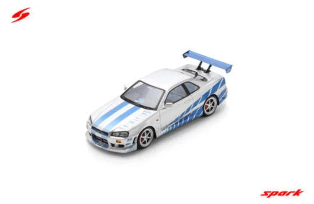Spark Model 1999 Nissan Skyline GT-R (R34) "2 Fast 2 Furious" Silver & Blue 1:18 WITH DISPLAY