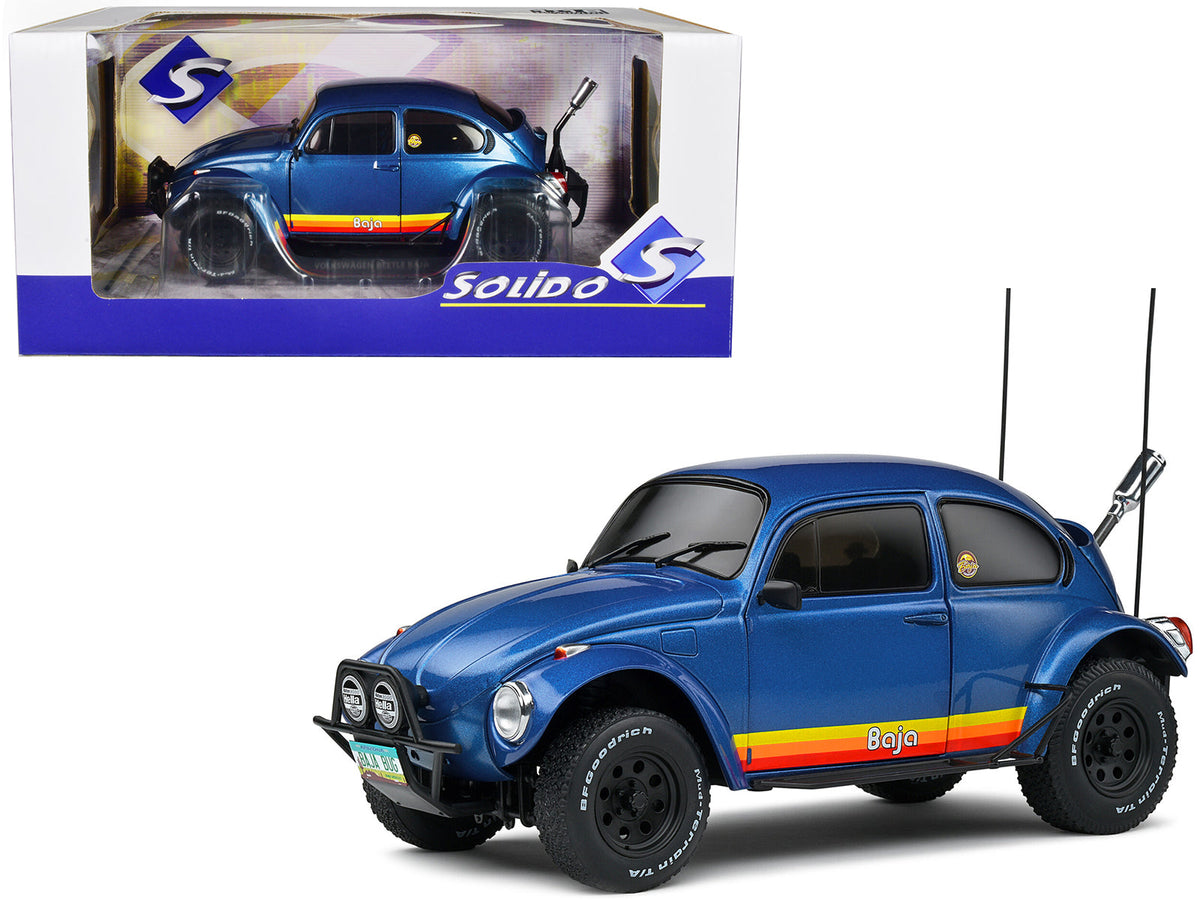 Rapid Vehicles 1975 Volkswagen Beetle Baja Blue Metallic with Stripes 1/18 Diecast Model Car by...