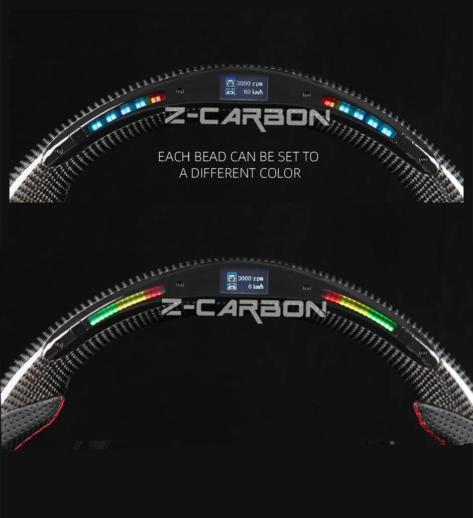 For Nissan 350Z Z33 2003-2008 LED Steering Wheel Carbon Fiber Perforated Leather Steering Wheel Flat Bottom Red Stitching