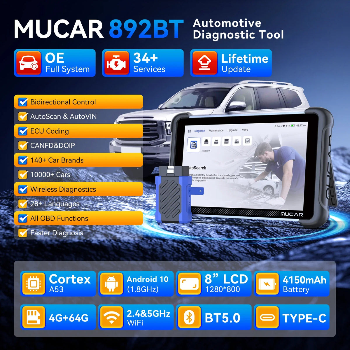 Rapid Vehicles MUCAR 892BT OBD2 Scanner CANFD&DOIP All System Diagnostic Tool, Bi-Directional ECU...