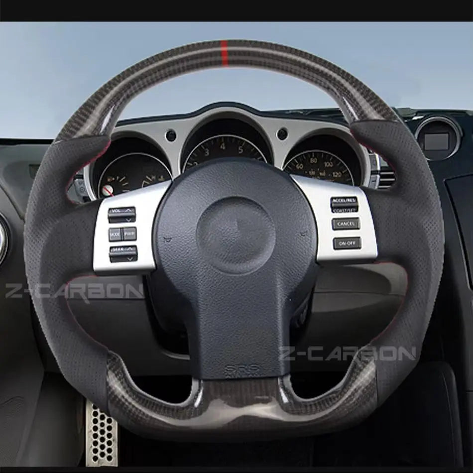 For Nissan 350Z Z33 2003-2008 LED Steering Wheel Carbon Fiber Perforated Leather Steering Wheel Flat Bottom Red Stitching