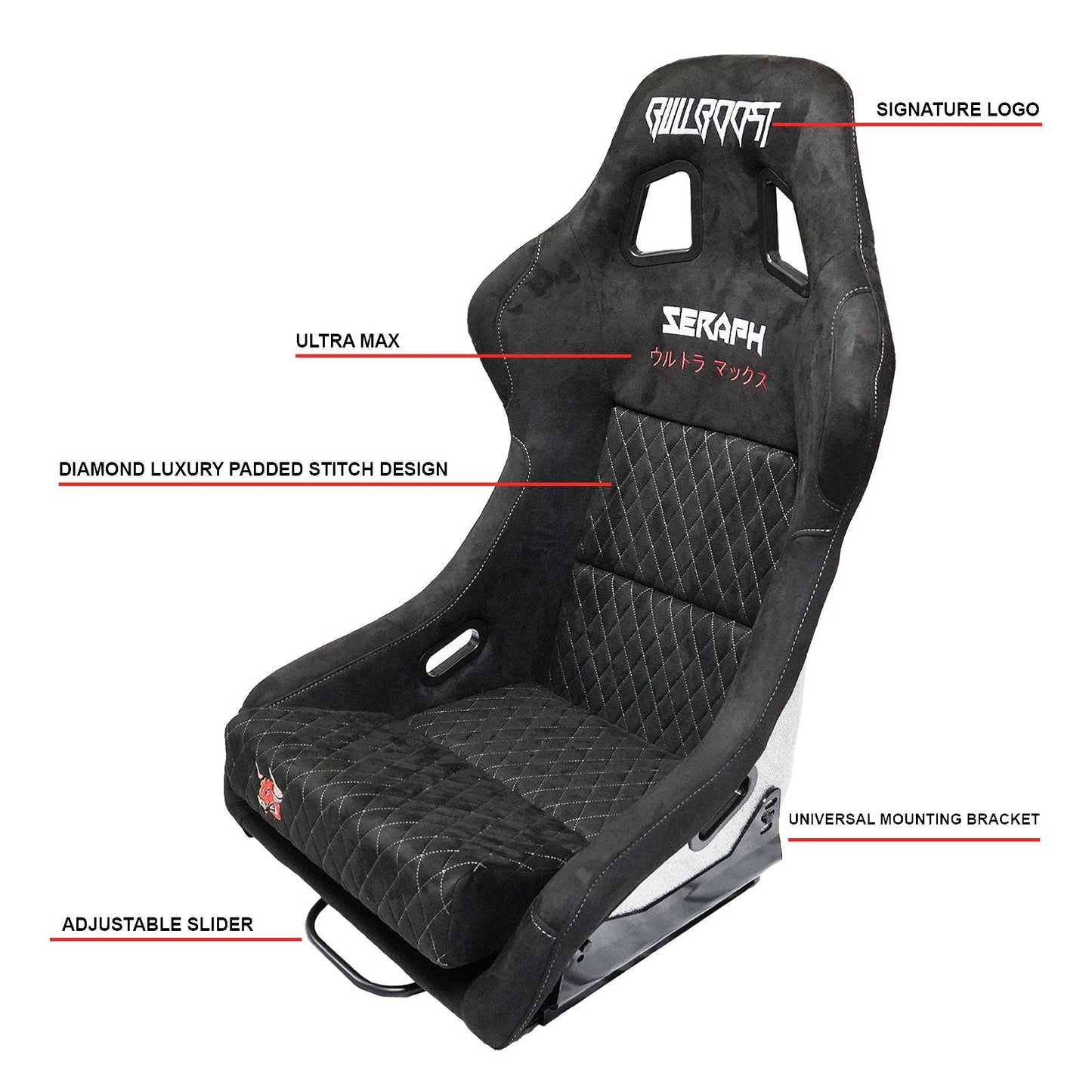 Bull Boost Adjustable Racing Lowered Ultra Max Bucket Seat with Slider Rails