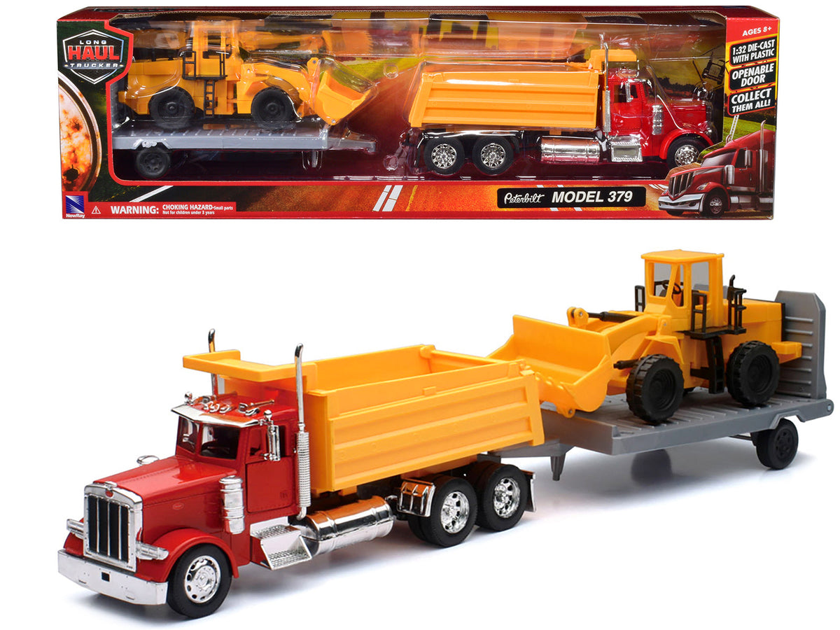 Rapid Vehicles Peterbilt 379 Dump Truck Red and Wheel Loader Yellow with Flatbed Trailer "Long...
