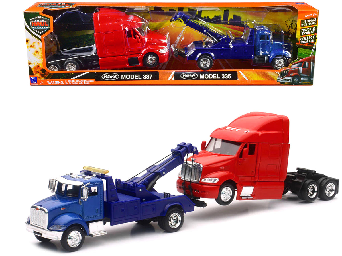 Rapid Vehicles Peterbilt Model 335 Tow Truck Blue and Peterbilt Model 387 Cab Red Set of 2 Pieces...
