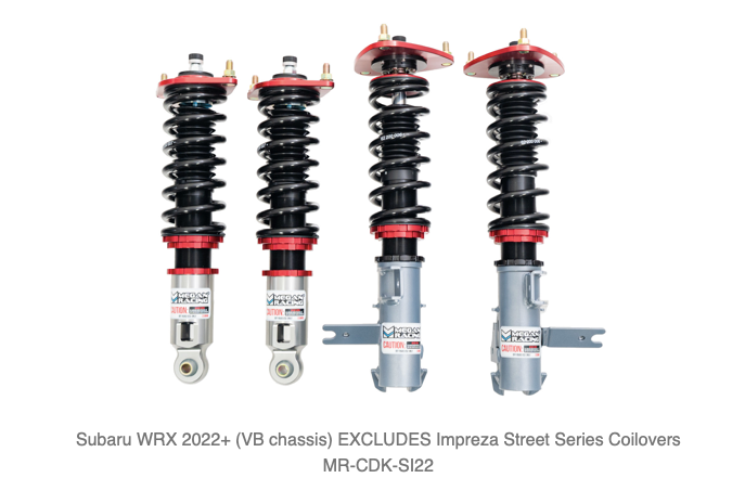 Megan Racing Coilover Damper Kit for Subaru WRX 2022+ Street Series - 32-way Compression & Rebound, Camber Adjustable Pillowball Front Top Mounts