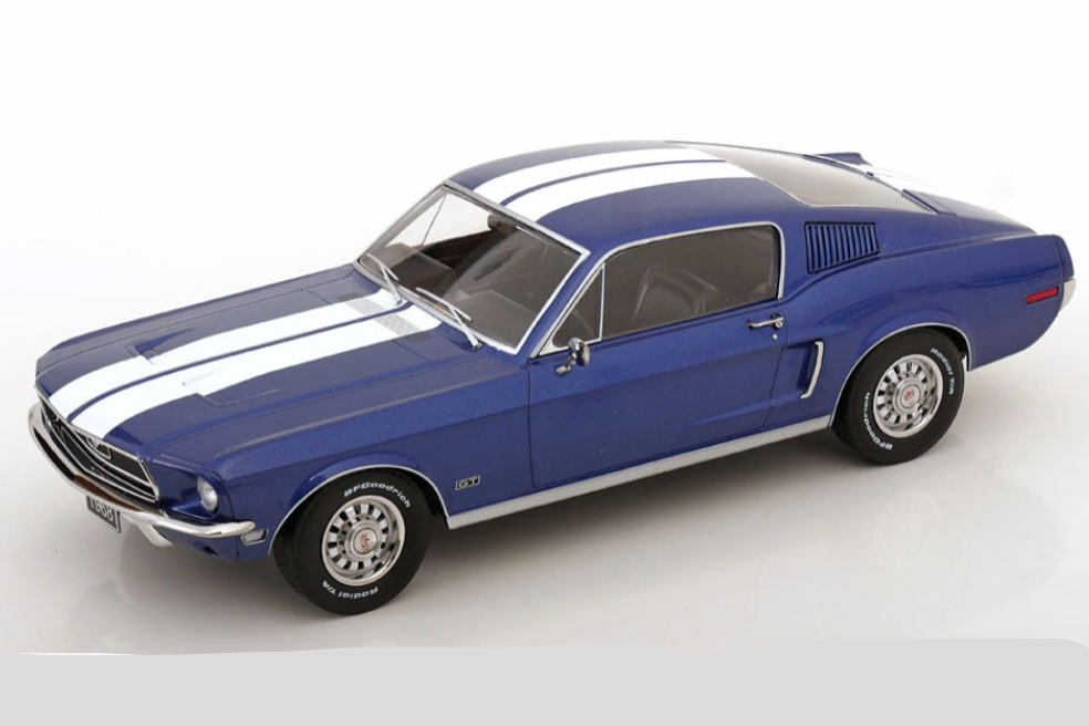 STM Diecast KK Scale 1968 Ford Mustang GT Fastback Blue w/ White Stripes 1:18