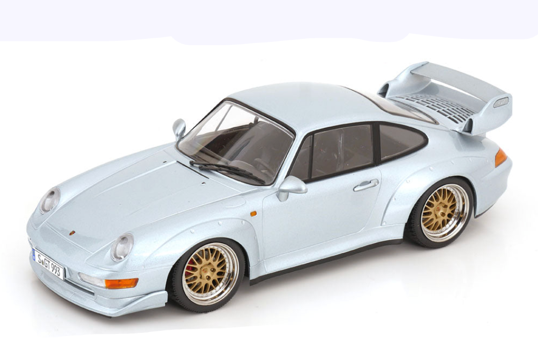 KK Scale 1996 Porsche 911 993 GT2 w/ Gold BBS Wheels Silver 1:18
