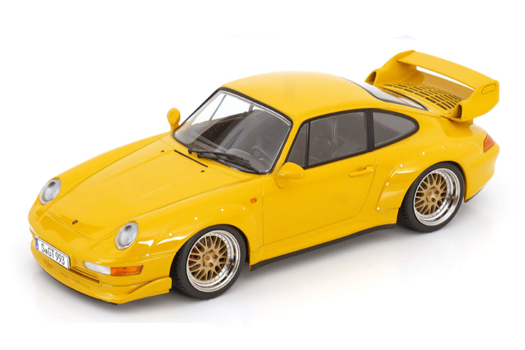 KK Scale 1996 Porsche 911 993 GT2 w/ Gold BBS Wheels Yellow 1:18