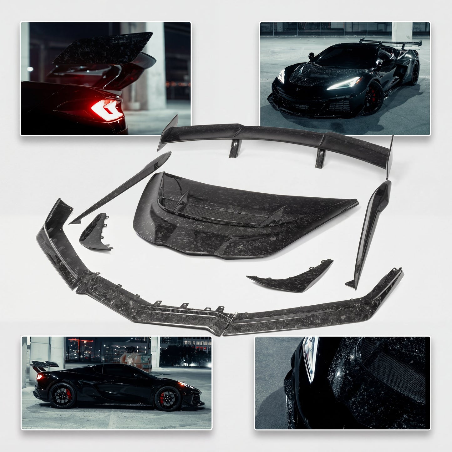 Upgrade your C8 Corvette with the Quiet Racing ZR1 ZTK Forged Carbon Aero Kit. Full forged carbon package. Made-to-order. Ships in 2–3 weeks.