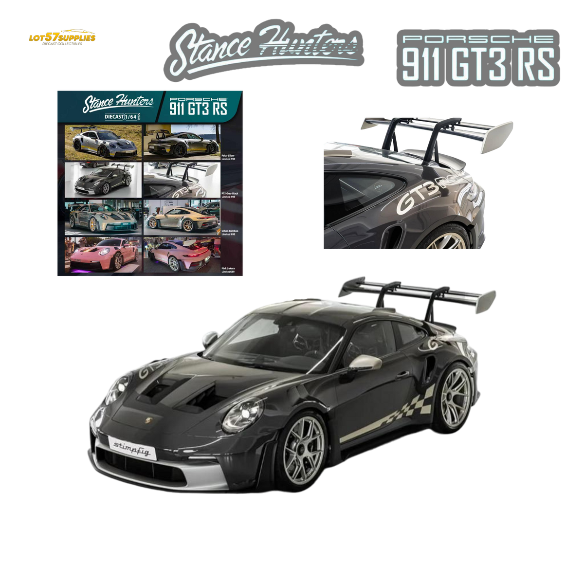 (Pre-Order) Stance Hunters Porsche 911 GT3 RS 992 PTS Grey Black 1:64