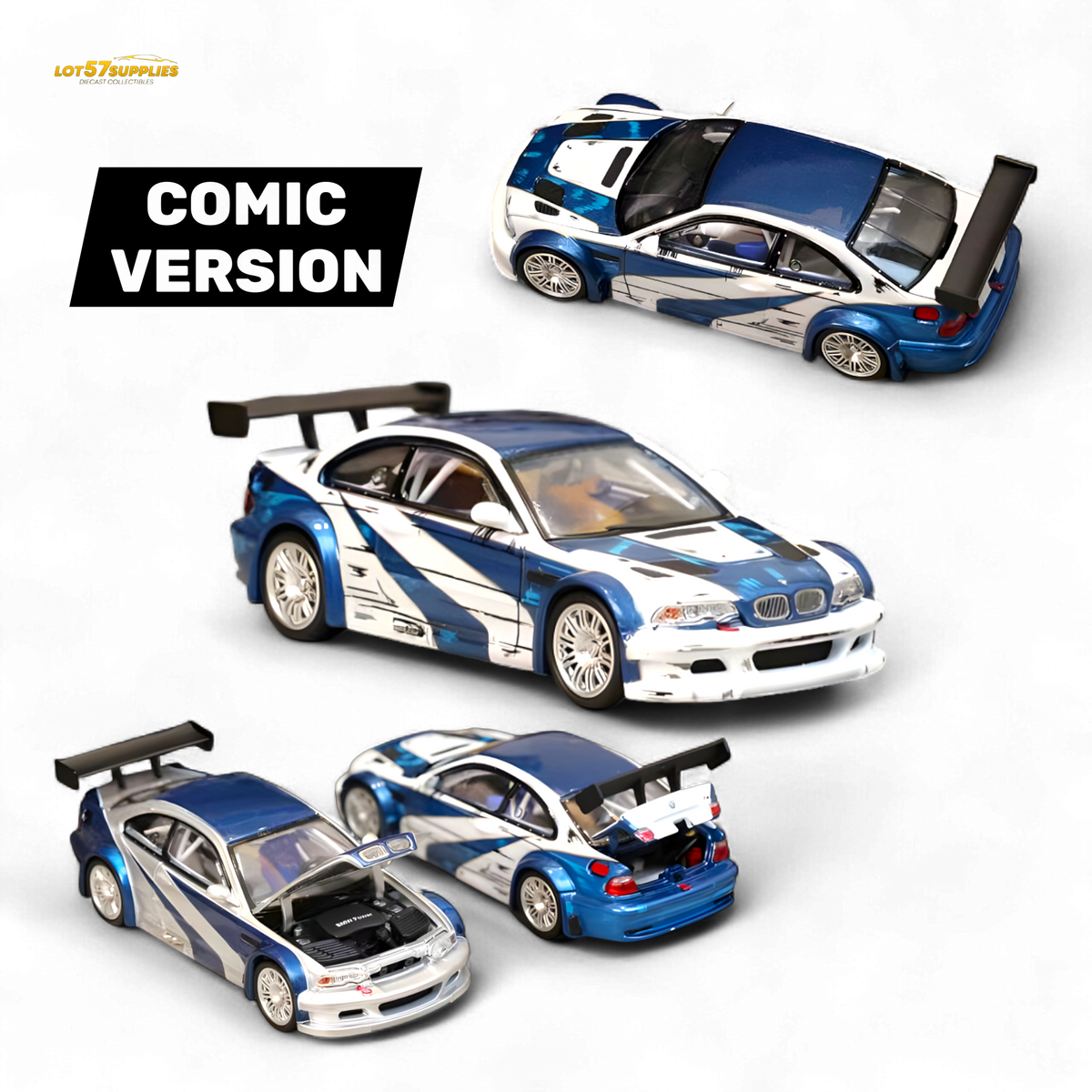 Ghost Player BMW E46 M3 GTR White Blue Comic NFS Livery 1:64