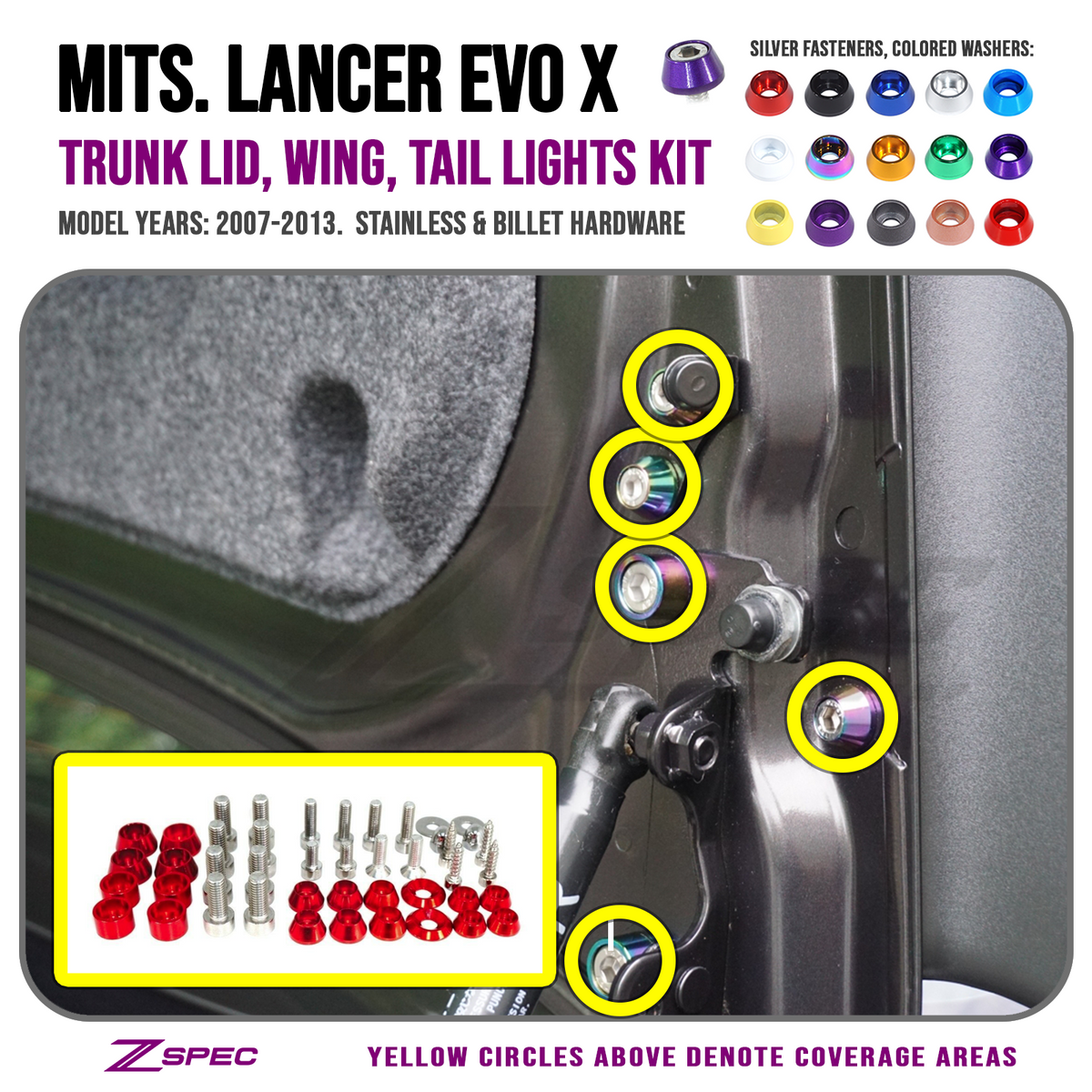 ZSPEC Trunk-Area Fastener Kit for '07-13 Mitsubishi Lancer EVO 10, Stainless & Billet