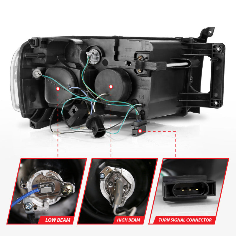 FR SPORT ANZO 2002-2005 Dodge Ram 1500 Projector Headlights w/ Halo Black Clear Amber 111490 -...