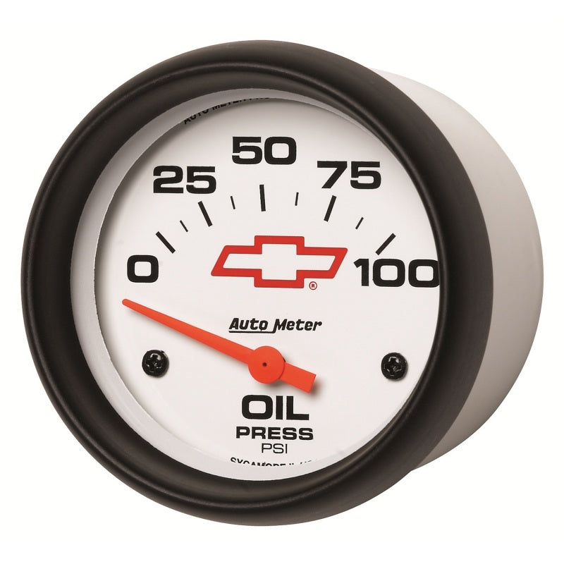 FR SPORT AutoMeter Gauge Oil Pressure 2-5/8in. 100PSI Electric Chevy Red Bowtie White 5827-00406...