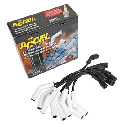 Accel Spark Plug Wires, Extreme 9000 Ceramic, Spiral Core, 8mm, Black, White Ceramic Stock Boots - 9065C