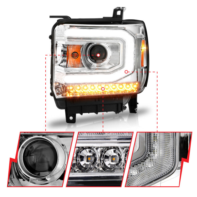 FR SPORT ANZO 2014-2015 Gmc Sierra 1500 Projector Headlights w/ Light Bar Chrome Housing (Halogen...