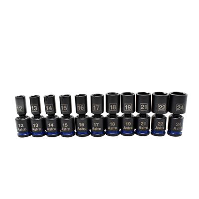 Astro Pneumatic Tool Company Socket Set, Mid-Length Pinless Universal, 1/2 in. Drive, Metric - 78244M