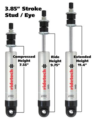 Ridetech Shock, HQ, Monotube, 11.4 in./7.55 in. Extended/Collapsed Lengths, Stud/Eyelet Mounts, Each - 22139845