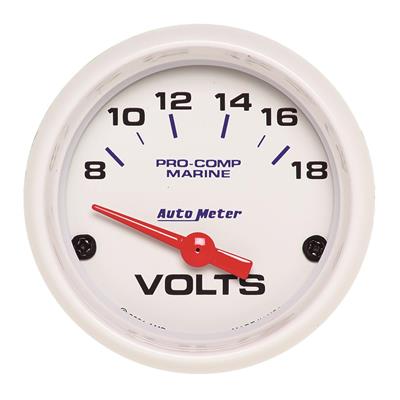 Auto Meter Marine Gauge, Pro-Comp Marine, Voltmeter, 2 1/16 in., 8-18 Volts, Short Sweep, White - 200756