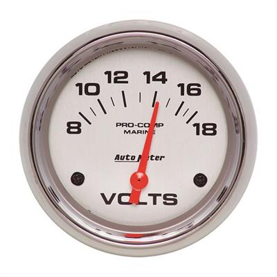 Auto Meter Marine Gauge, Pro-Comp Marine, Voltmeter, 2 5/8 in., 8-18 Volts, Short Sweep, Silver - 20075735
