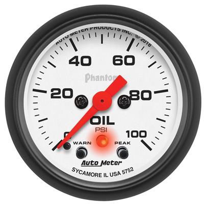 AutoMeter Gauge, Phantom, Oil Pressure, 2 1/16 in., 0-100 psi, Full Sweep, White Face, Red Pointer - 5752
