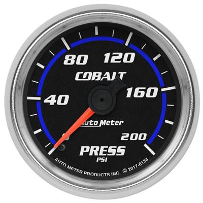AutoMeter Gauges, Cobalt Analog Gauges, Pressure, 0-200 psi, 2 1/16 in., Black Face, White/Blue - 6134