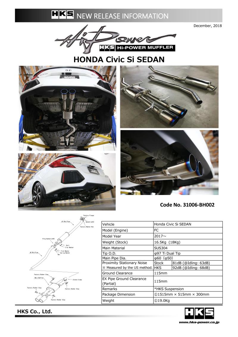 FR SPORT HKS 17+ Honda Civic Si Sedan (FC) Hi-Power Muffler Exhaust