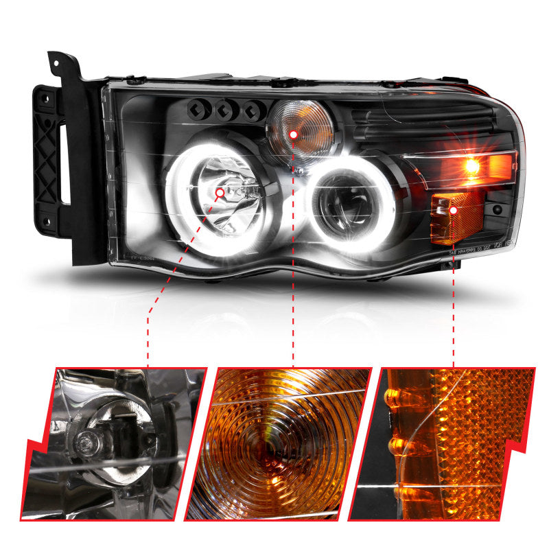FR SPORT ANZO 2002-2005 Dodge Ram 1500 Projector Headlights w/ Halo Black Clear Amber 111490 -...