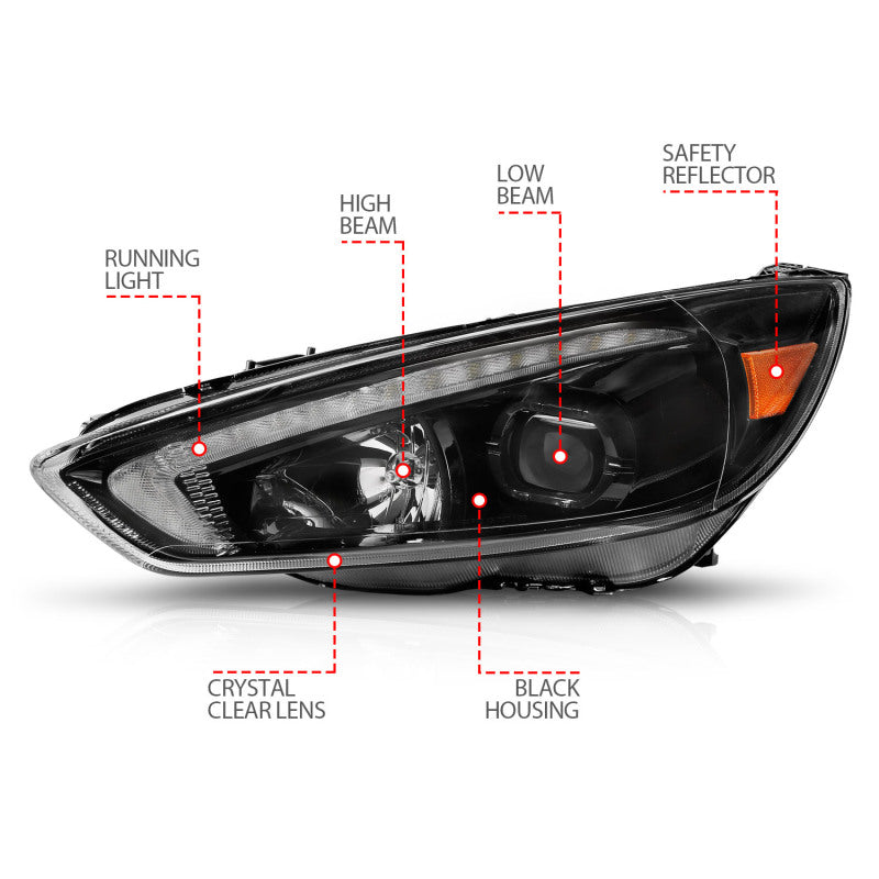 FR SPORT ANZO 15-18 Ford Focus Projector Headlights - w/ Light Bar Switchback Black Housing...