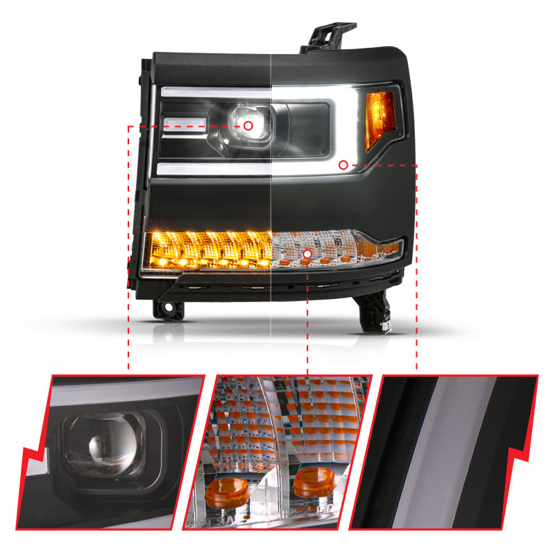 ANZO 16-18 Chevy Silverado1500 (Factory HID Models) LED Proj Light Bar Style Headlights Black - Pair 111624A