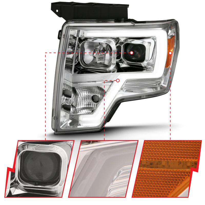 ANZO 2009-2014 Ford F-150 Projector Headlight Plank Style Chrome Amber 111444