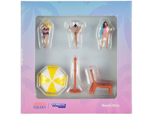 "Beach Girls" 5 piece Diecast Figure Set (3 Female Figures and 2 Beach Accessories) for 1/64 Scale Models by Tarmac Works & American Diorama  free shipping USA